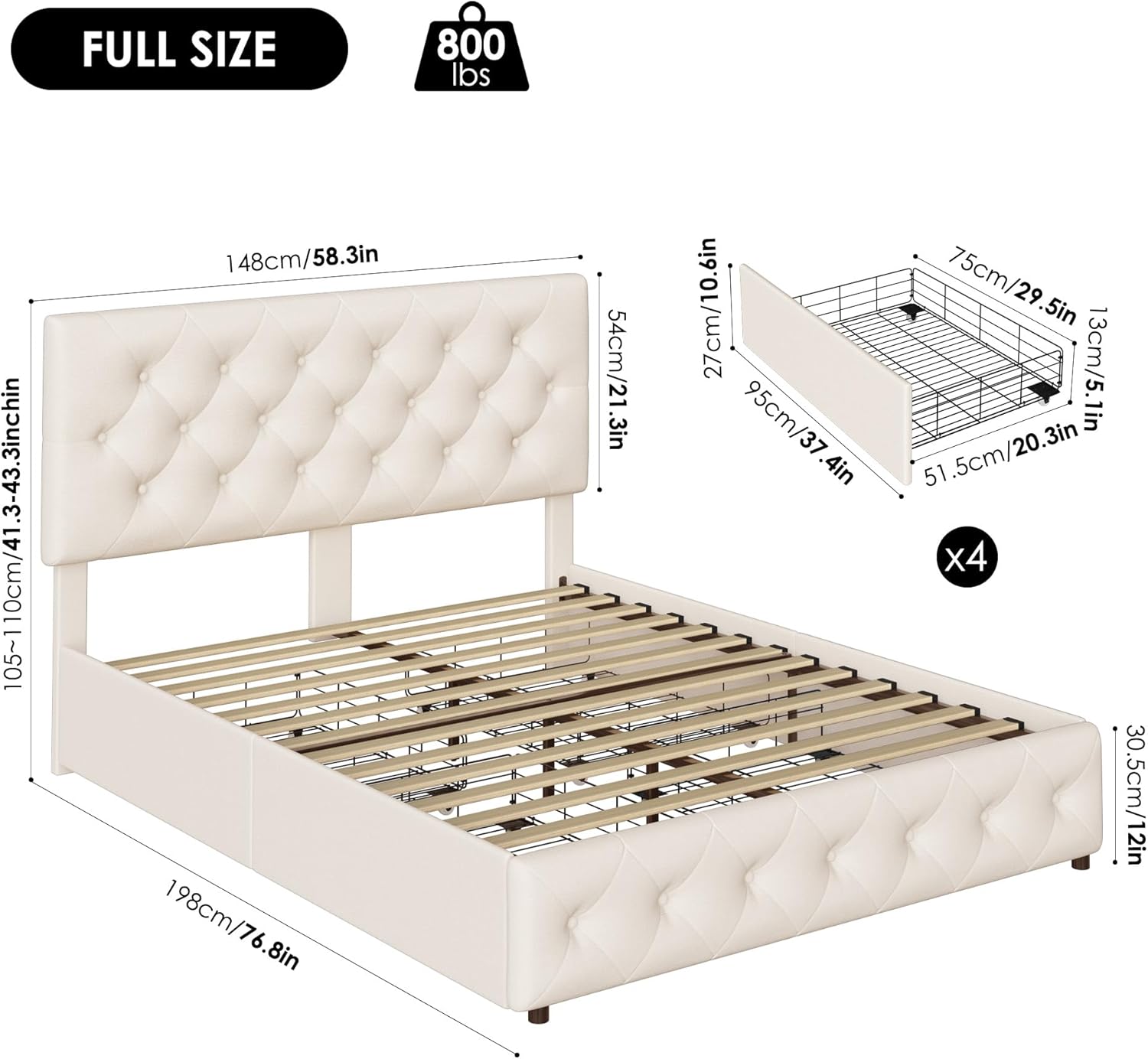 Modern Upholstered Bed Frame with 4 Drawers
