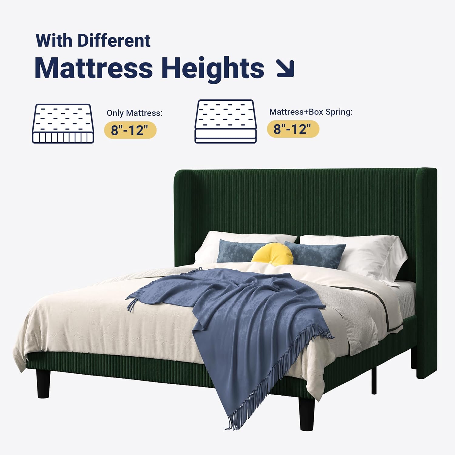 Bed Frame with Upholstered Wingback Headboard, Vertical Channel Tufted Velvet Platform Bed