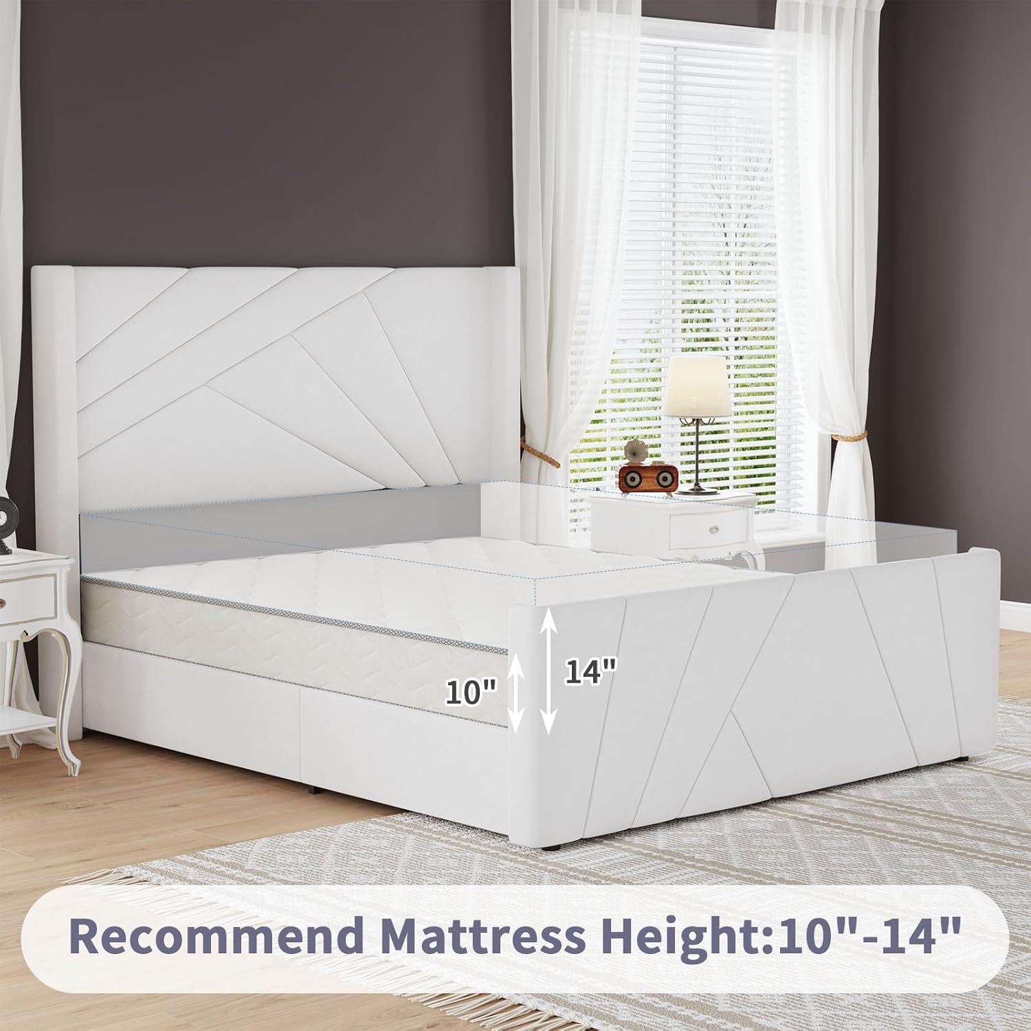Velvet Upholstered Platform Bed with Geometric Tufted Headboard & Footboard