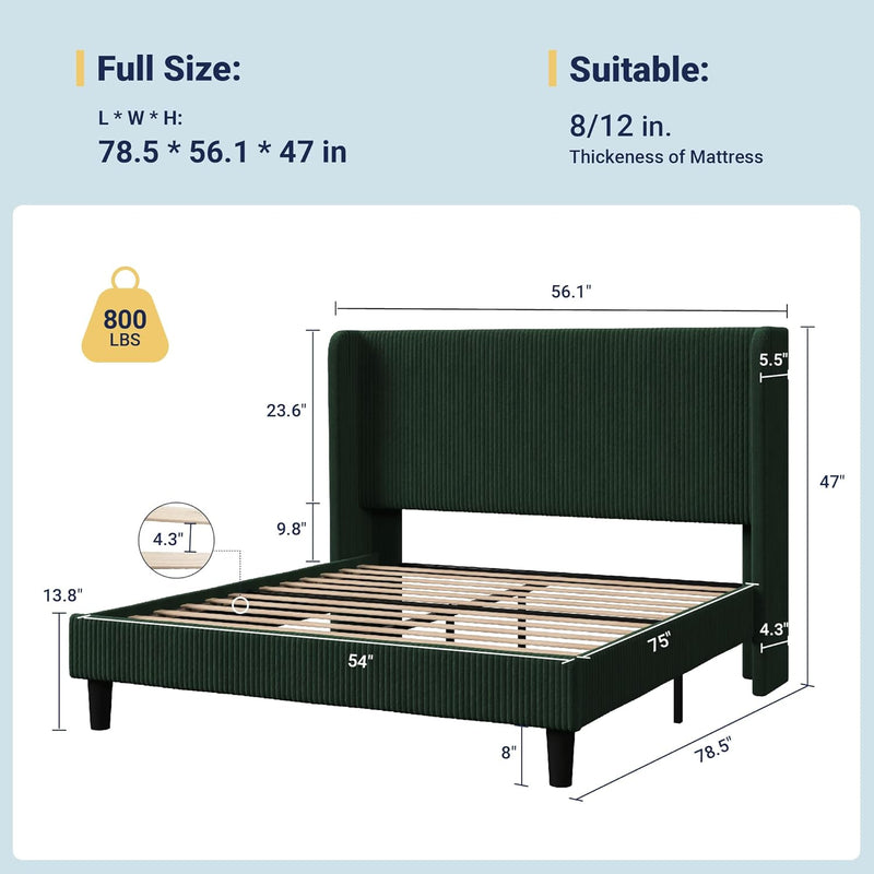 Bed Frame with Upholstered Wingback Headboard, Vertical Channel Tufted Velvet Platform Bed