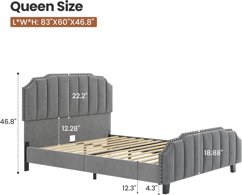 Grey Upholstered Platform Bed Frame with 46.8'' Tall  Tufted Headboard