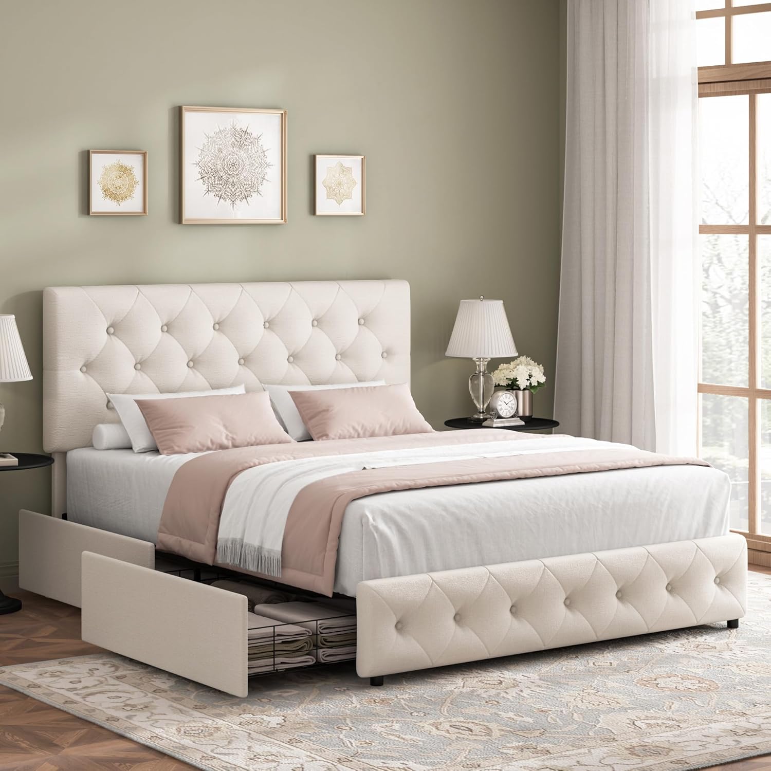 Modern Upholstered Bed Frame with 4 Drawers