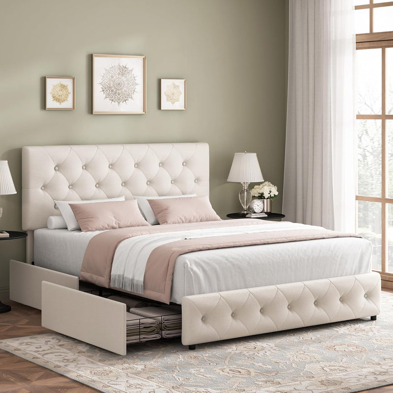 Modern Upholstered Bed Frame with 4 Drawers