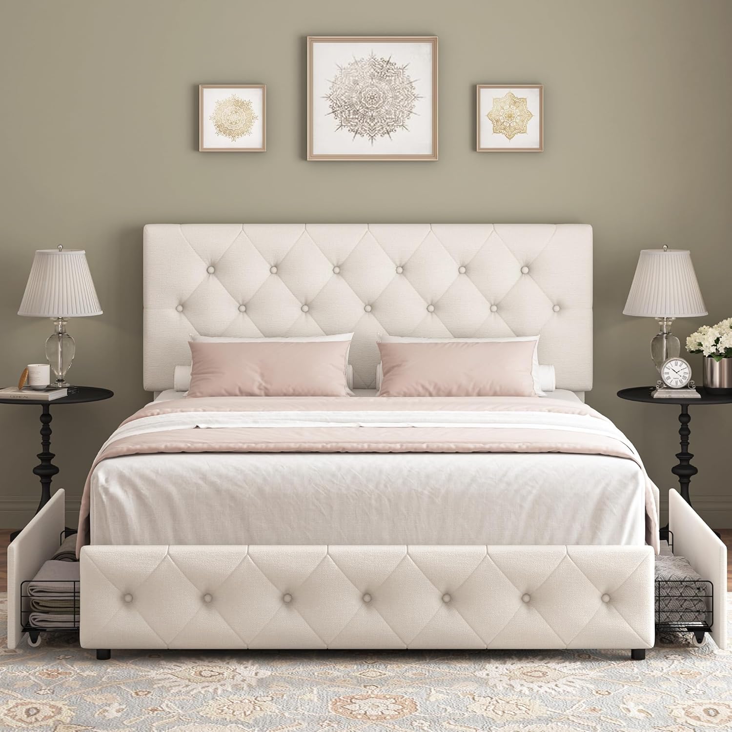 Modern Upholstered Bed Frame with 4 Drawers