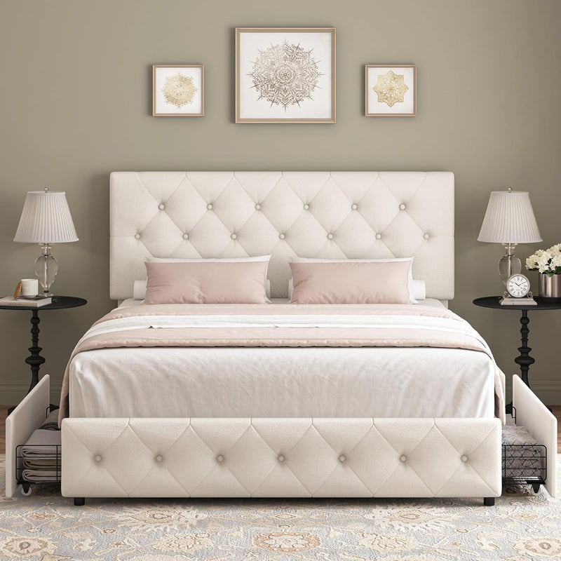 Modern Upholstered Bed Frame with 4 Drawers
