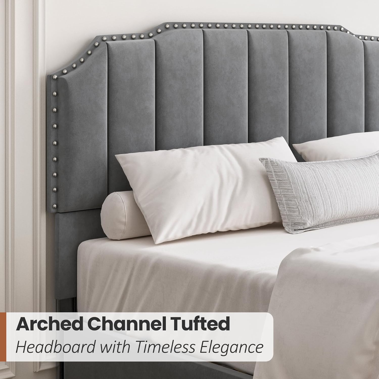 Grey Upholstered Platform Bed Frame with 46.8'' Tall  Tufted Headboard