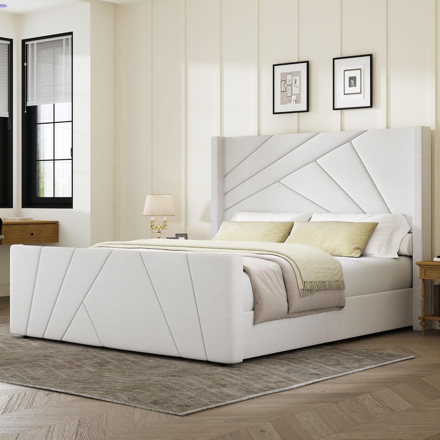 Velvet Upholstered Platform Bed with Geometric Tufted Headboard & Footboard