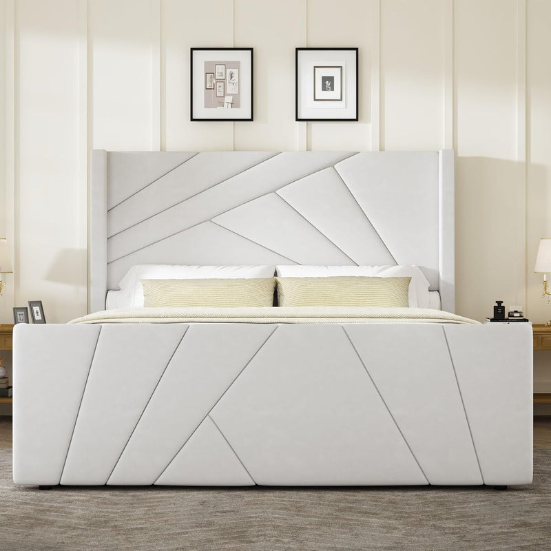 Velvet Upholstered Platform Bed with Geometric Tufted Headboard & Footboard