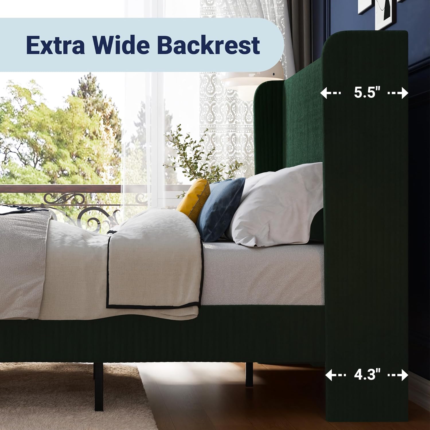 Bed Frame with Upholstered Wingback Headboard, Vertical Channel Tufted Velvet Platform Bed
