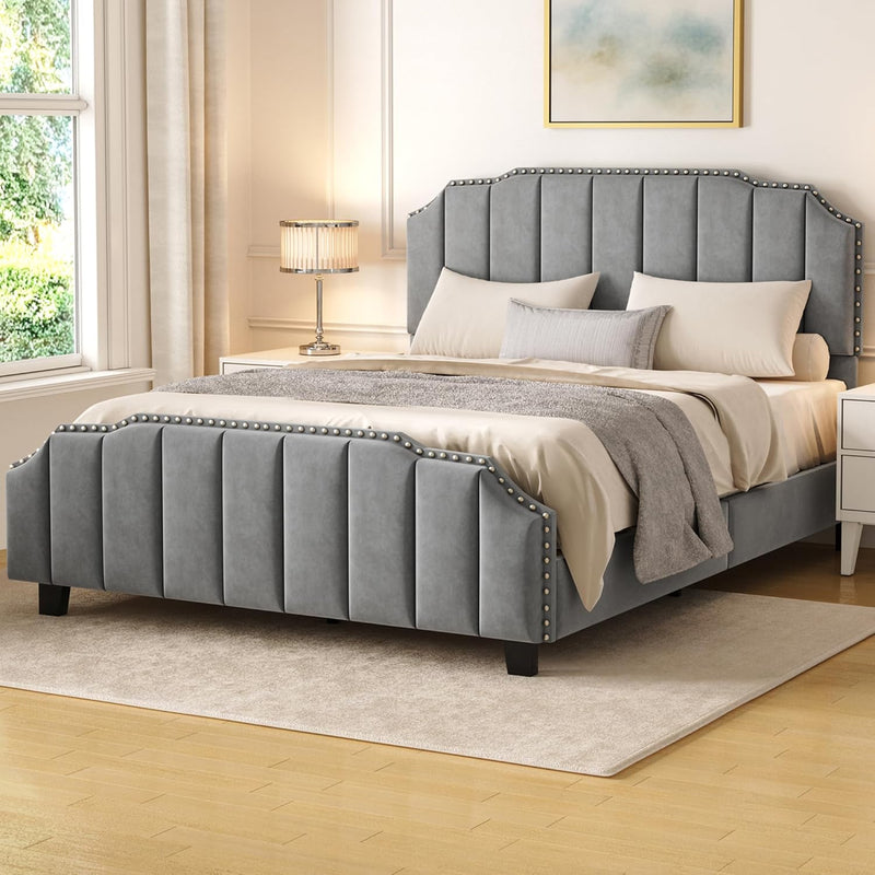 Grey Upholstered Platform Bed Frame with 46.8'' Tall  Tufted Headboard