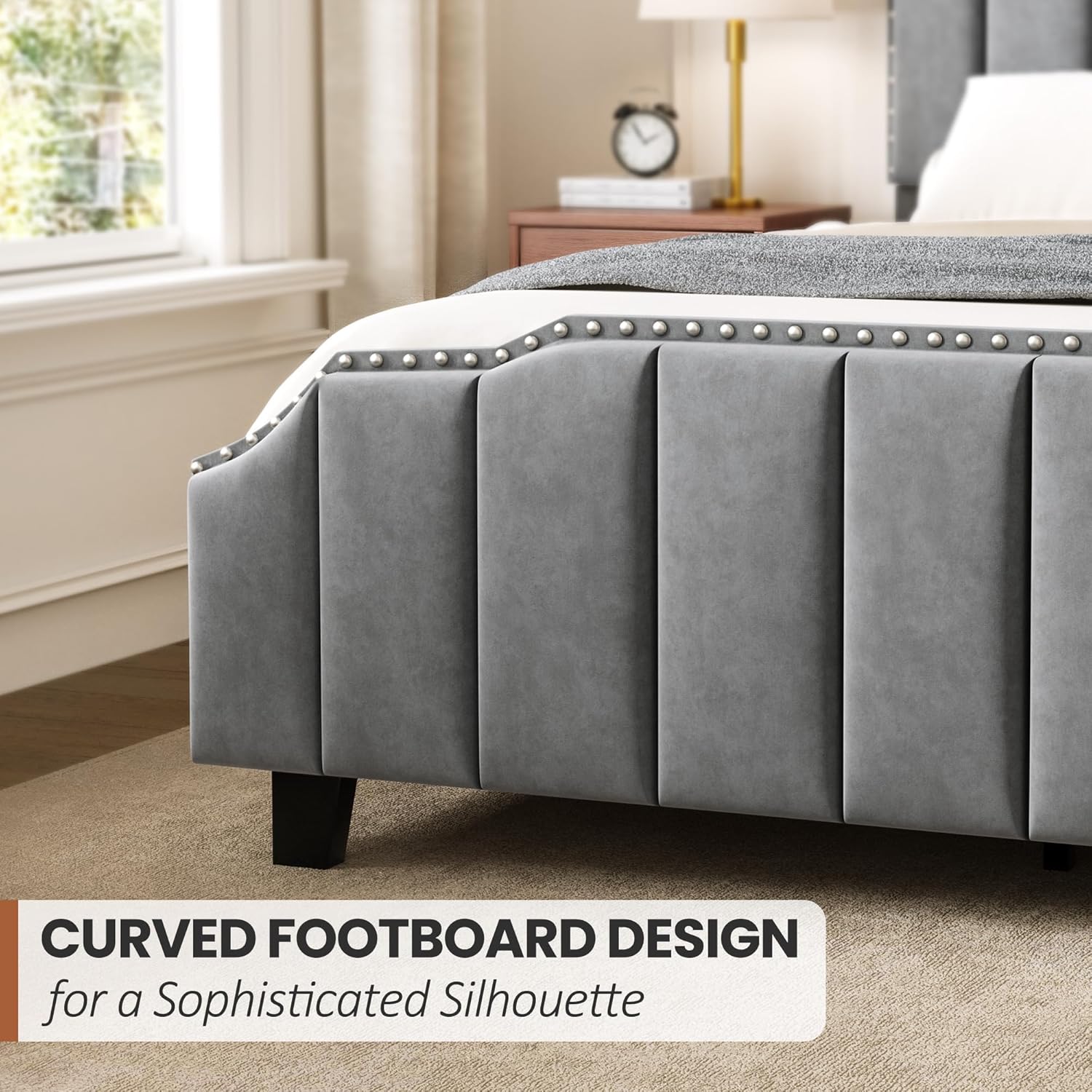 Grey Upholstered Platform Bed Frame with 46.8'' Tall  Tufted Headboard