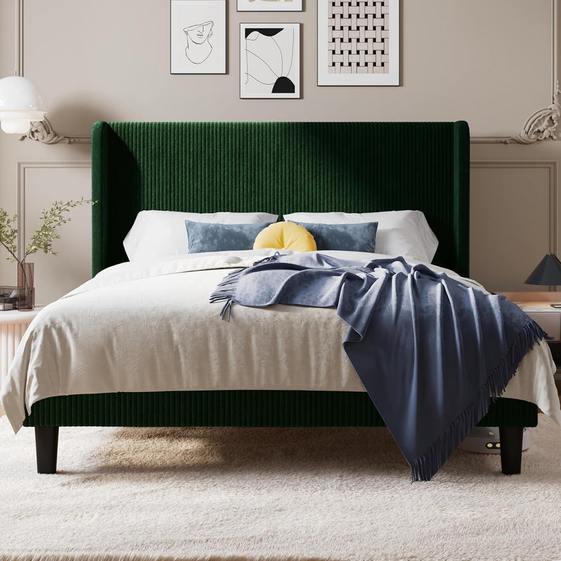 Bed Frame with Upholstered Wingback Headboard, Vertical Channel Tufted Velvet Platform Bed