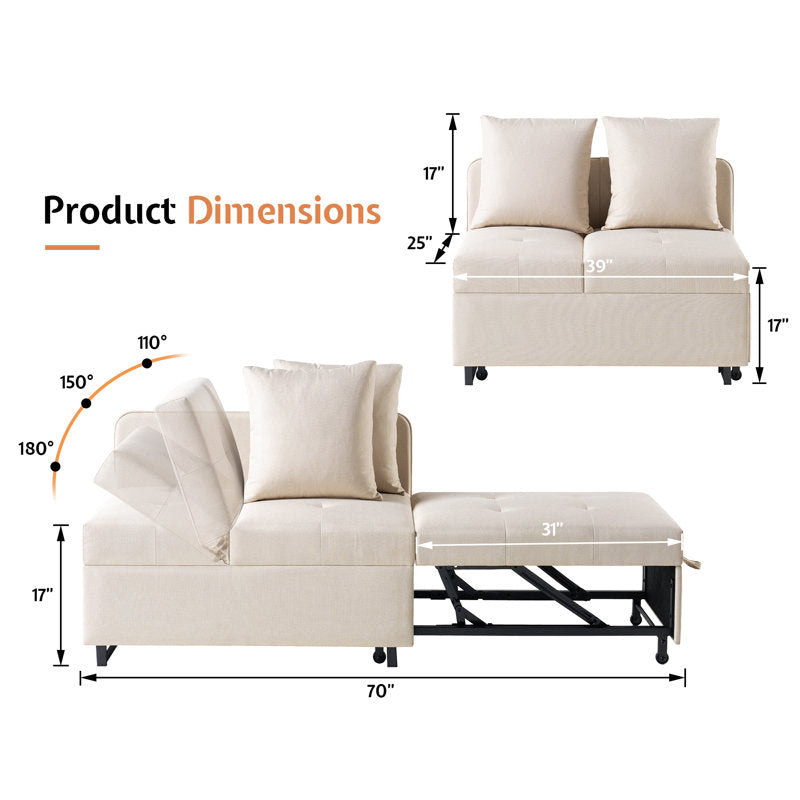 Sofa Bed 3 In 1 Convertible Sleeper Chair With Adjustable Backrest, Chair Bed With 2 Throw Pillows For Living Room