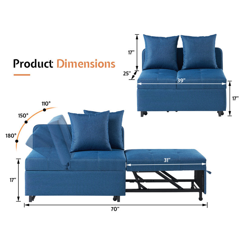 Sofa Bed 3 In 1 Convertible Sleeper Chair With Adjustable Backrest, Chair Bed With 2 Throw Pillows For Living Room