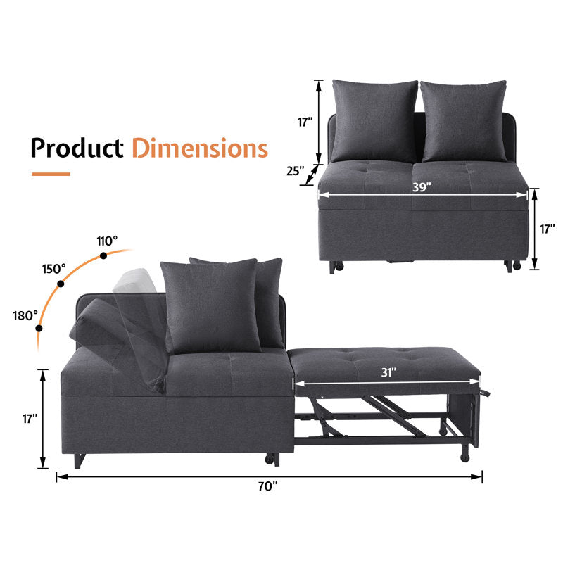 Sofa Bed 3 In 1 Convertible Sleeper Chair With Adjustable Backrest, Chair Bed With 2 Throw Pillows For Living Room